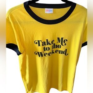 Lularoe Small yellow Liv graphic T “ Take Me To The Weekend” with‎ black ringer
